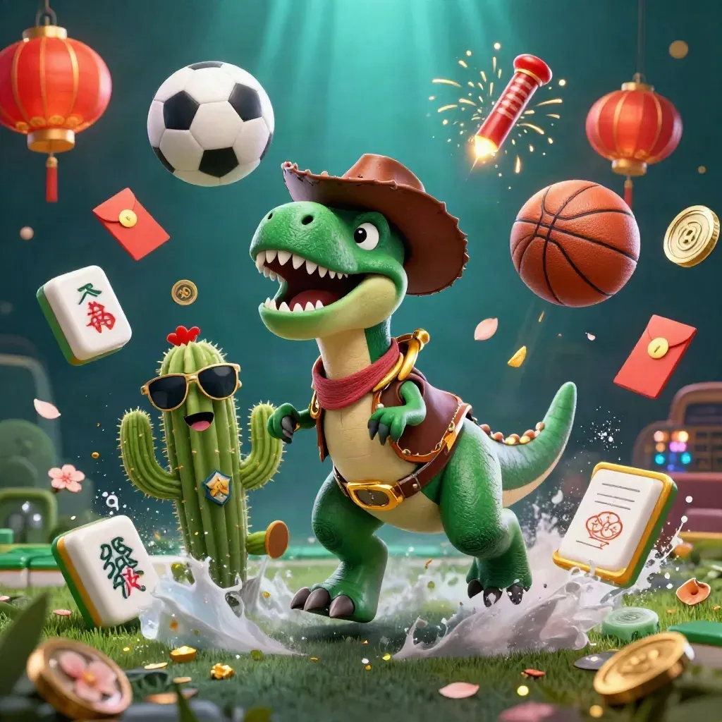 Cowboy T-Rex trio amid flying sports balls, casino tokens, and teal-blue light.