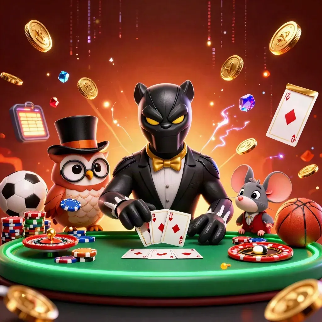 Panther, owl, and mouse in a luxe casino explosion of gold coins, roulette, and neon light