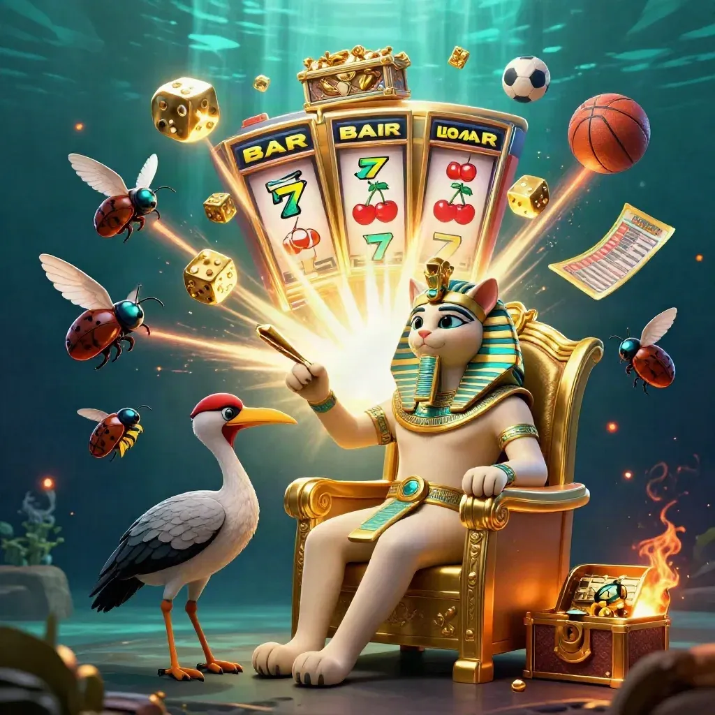 Pharaoh cat on golden throne with ibis scribe, scarabs, slot burst, balls and gold in teal light.
