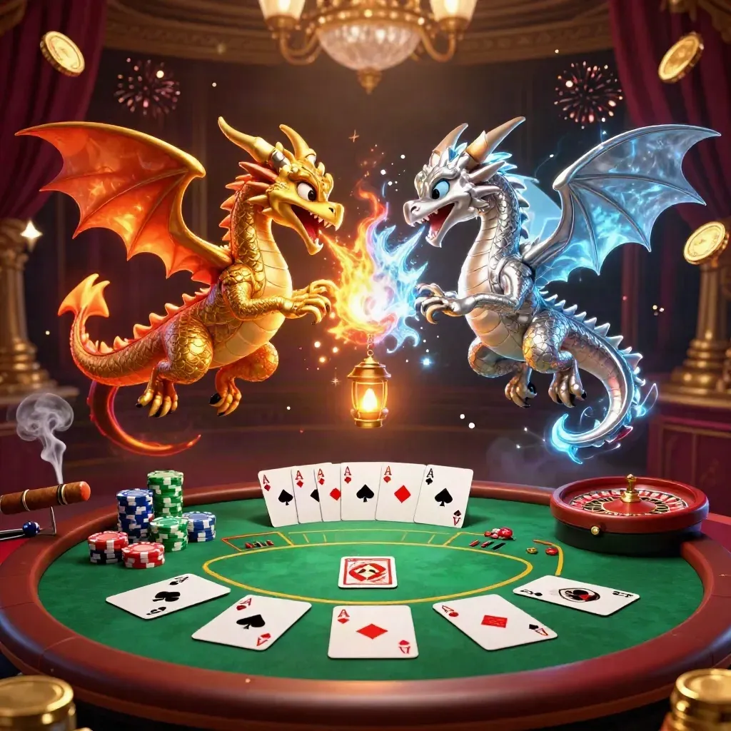 Gold and silver dragons swirl over poker, roulette, and casino lights in a luxe burgundy chamber.