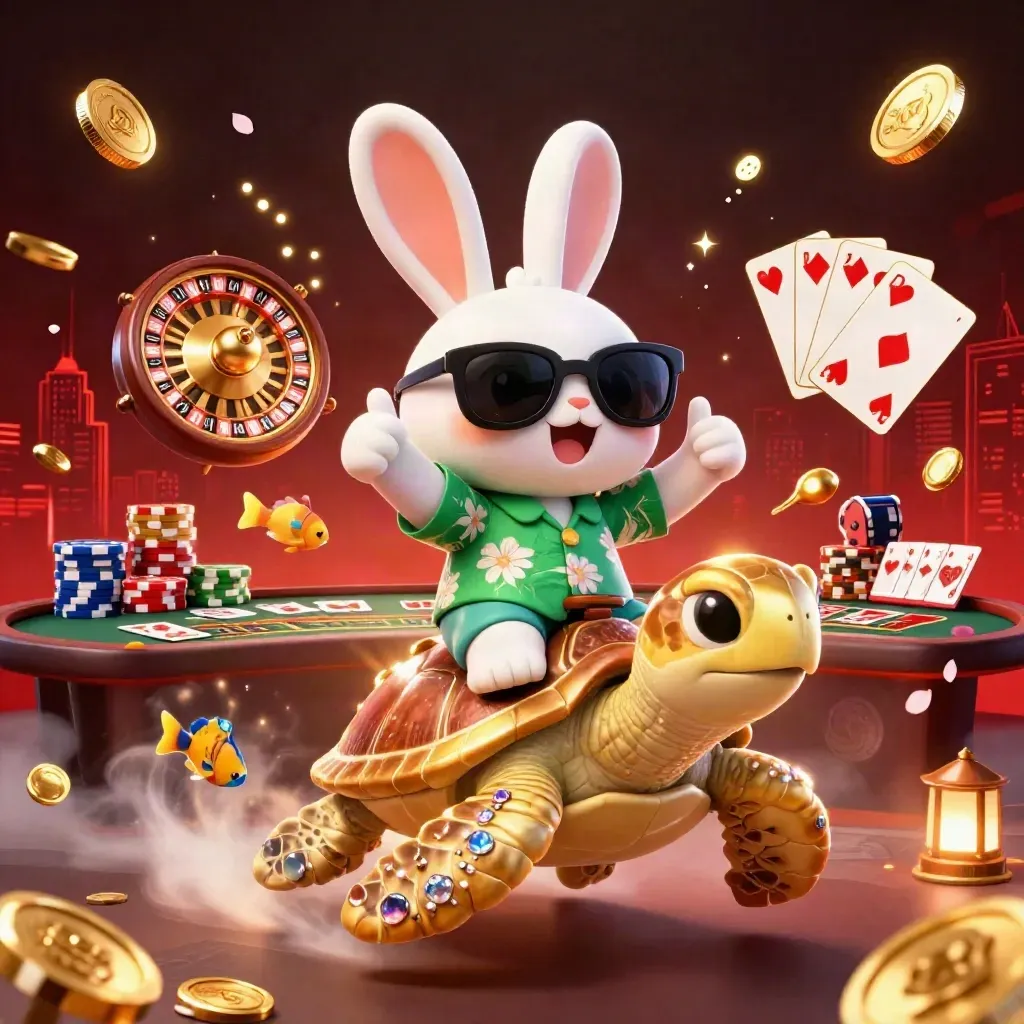Lucky rabbit rides a gold sea turtle amid casino lights, coins, cards, and roulette magic.