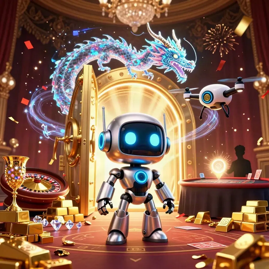 Cyberpunk robot, holographic dragon and coin drone amid vault gold, gems and casino glow