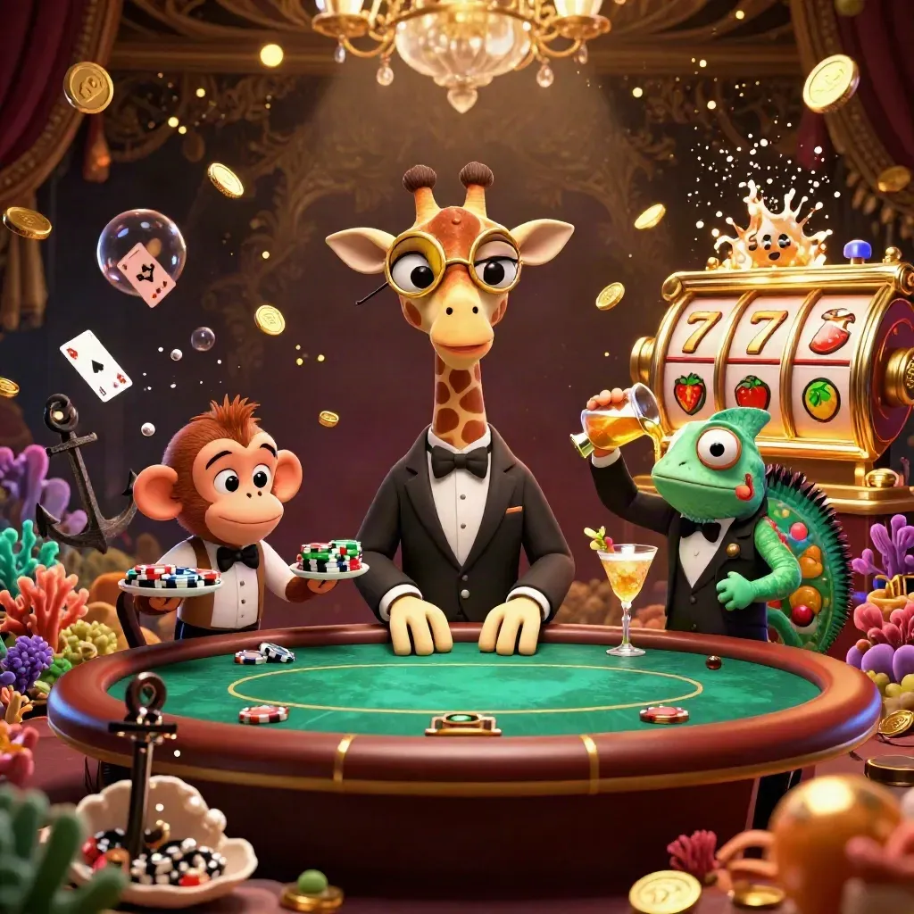 Giraffe, monkey, and chameleon in a treasure cove casino scene with coins, cards, and luxe lighting.
