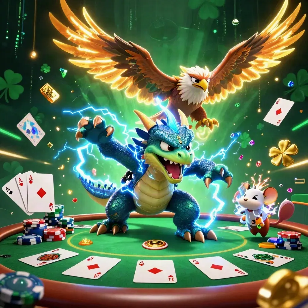 Thunder dragon, hawk, and mouse blast treasure over a poker table in emerald lightning.