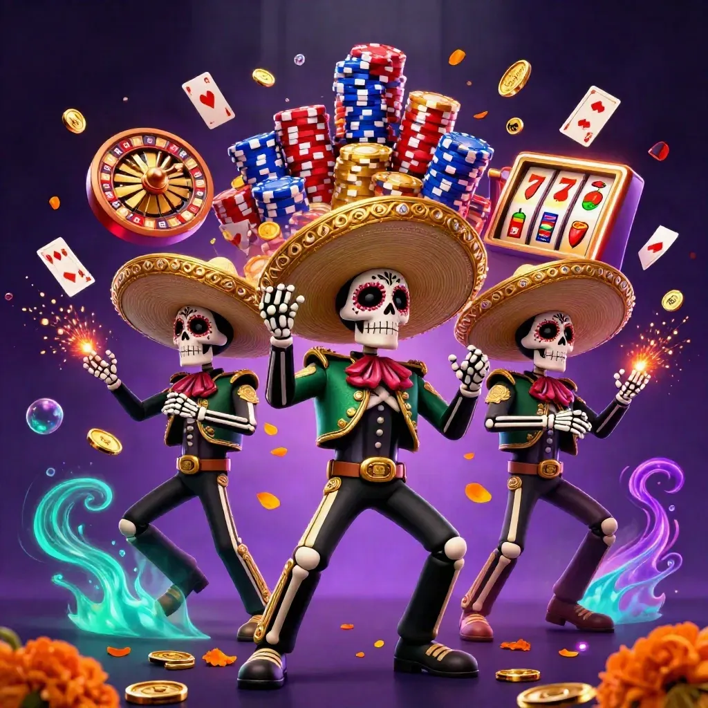 Skeleton mariachi trio amid coins, chips, cards, roulette, gems, and neon casino lights.