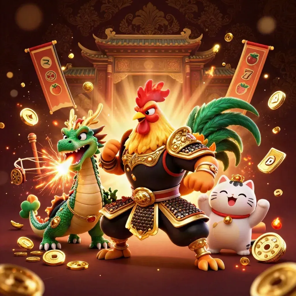 Golden samurai rooster, spark-breathing dragon hatchling, and cheering fortune cat in a luxe casino ring.