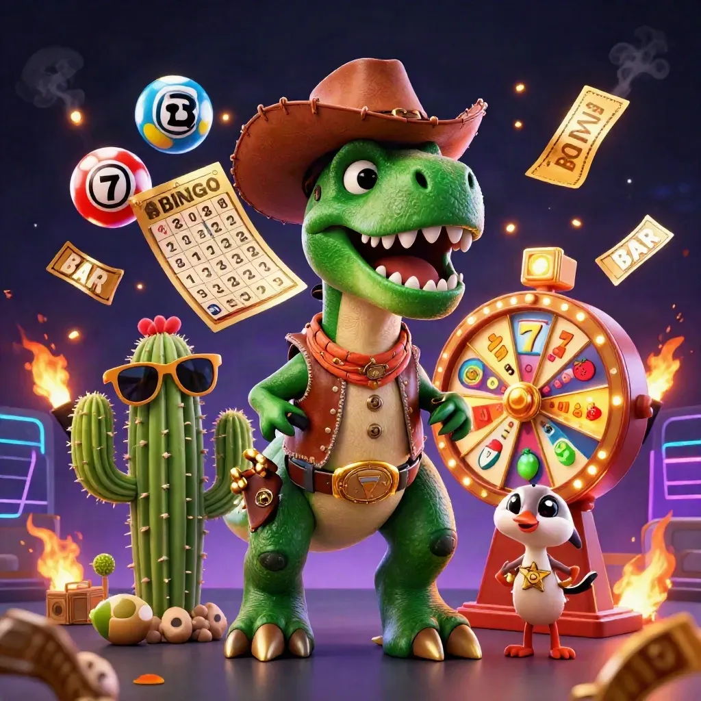 Cowboy T-Rex, cactus sidekick, and sheriff roadrunner amid casino props in neon gold-green light
